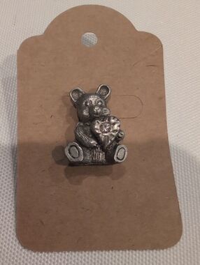 Louisa Ballou Silver Teddy Bear Heart Brooch with Clear Crystal